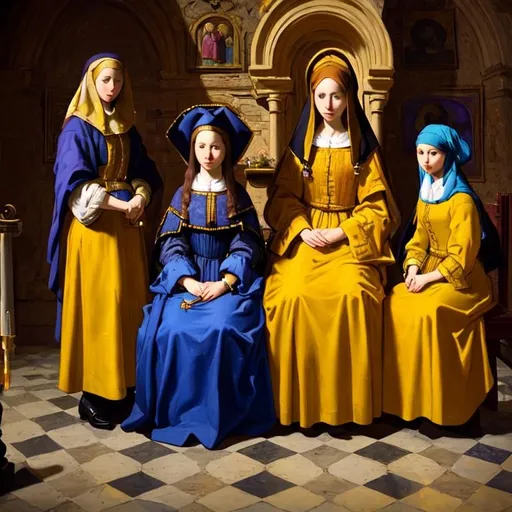 Prompt: The Three Marys by Johannes Vermeer at the Tomb of Jesus, Style Flora Bowley and Vincent van Gogh, 8k, dynamic lighting, ultra detailed