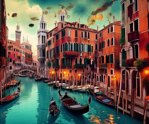 Prompt: colorful and surreal steampunk Venezia with a lot of grotesque fractal patterns