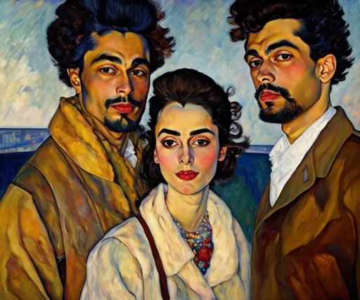 Prompt: Pair oil portrait of french couple in style of egon schiele, , happy man and woman 
, light skin, beautiful hair, masterpiece, high quality, single focus, full body, high angle, perfect face, intricate detail, body, closed navel, closed, eyes up, extremely detailed eyes and face, piercing gaze, big eyes, seashore  in the background, dense forest, butterflies, fireflies, rich colours, , dramatic unrealistic lighting , Digital Art