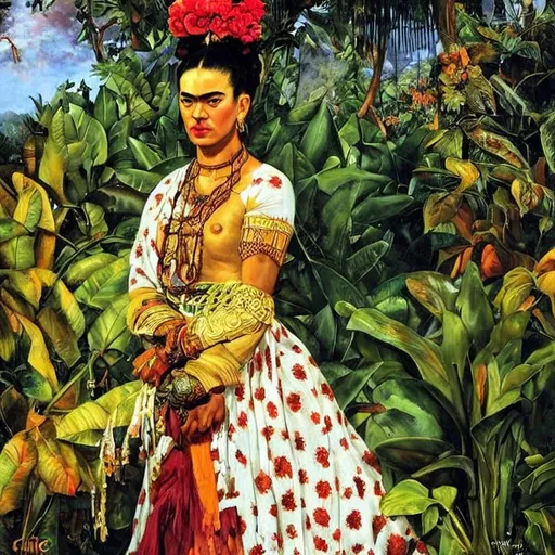 Prompt: portrait of frida kahlo, bali jungle background, detailed painting, epic lighting, by ilya repin, phil hale and kent williams