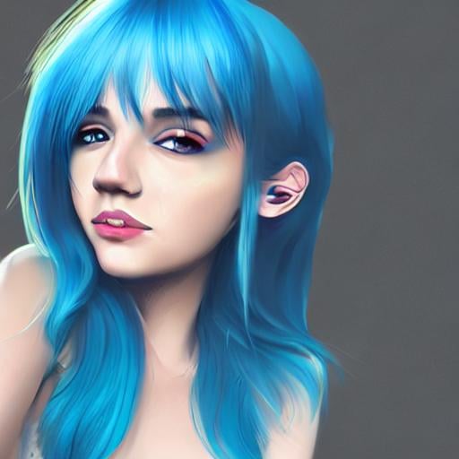 Prompt: SamDoesArt, a girl, blue hair, smile, sunny, day, taking selfie, HDRI, masterpiece, smooth, sharp focus, illustration, golden ratio, 