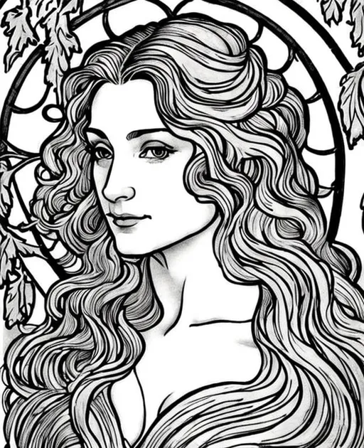 Prompt:  in the style of botticelli. a middle aged woman with long gray hair. she has green eyes. she has green feathers in her air. in the style of alphonse mucha. in the style of maurice sendak.