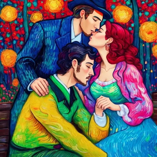 Prompt: Woman kissing Man sitting on an bank in the park, Style Flora Bowley and Vincent van Gogh, 8k, dynamic lighting, ultra detailed
