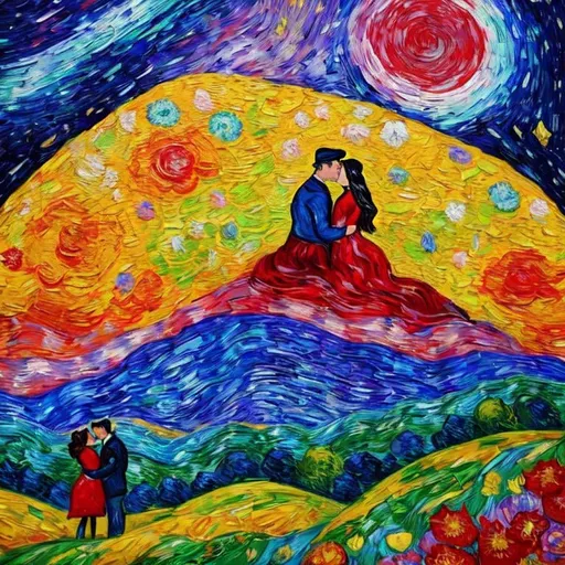 Prompt: Woman kissing Man in landscape of the countryside, Style Flora Bowley and Vincent van Gogh,8k, 
 dynamic lighting, ultra detailed