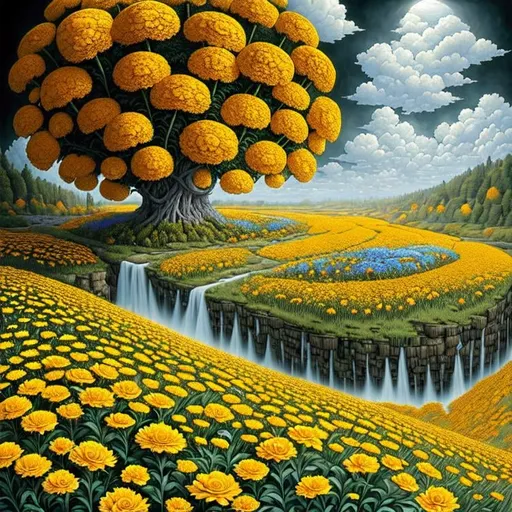 Prompt: Striking Yellow and Gray landscape with Marigold Flowers. extreme details, highly detailed, extremely detailed, beautiful, high detail, ultra detailed, high definition, hdr, acrylic art, intricate details, Jacek Yerka