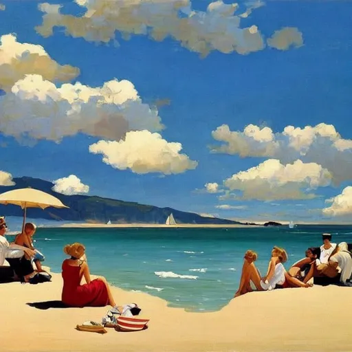 Prompt:  beach landscape, boys and girls Style: Jack Vettriano, catherine abel, beautiful crisp colors 