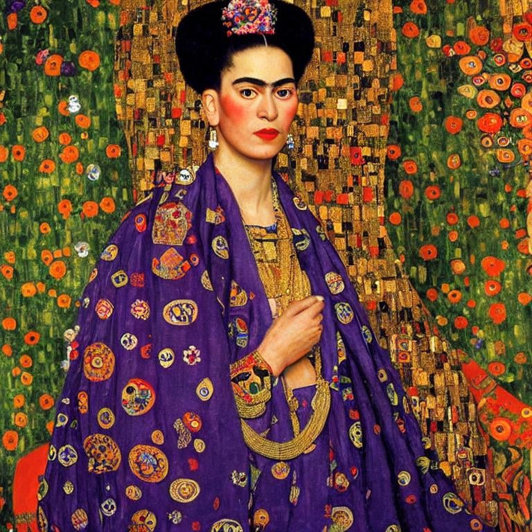 Prompt: a painting by gustav klimt of a beautiful slender blonde young woman frida kahlo in royal dress ,8k, dynamic lighting, ultra detailed