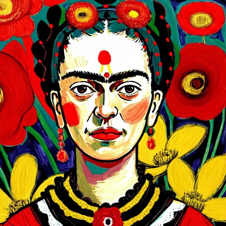 Prompt:  Beautiful Frida Kahlo in red and Black and white and yellow, Style Flora Bowley and Vincent van Gogh, 8k, dynamic lighting, ultra detailed