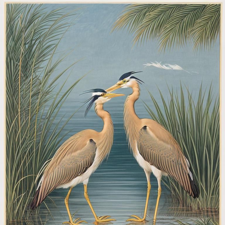 Prompt: Bird book illustration of a golden heron with light blue eyes and long white crest and long black legs, white background with cattail plants, By John James Audubon