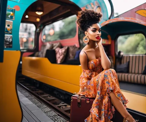 Prompt:  A fusion of fashion-forward styling for a blog, evoking a whimsical and fantastical ambiance against a backdrop of a train. 