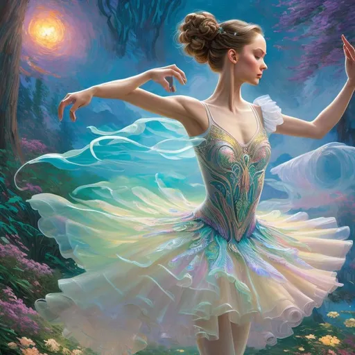 Prompt: The audience was captivated by the swirling iridescent colors of the ballerina's translucent costume as she moved in elegant pirouettes. 
Modifiers:
highly detailed digital painting elegant fantasy 8k high detail colourful Van Gogh Thomas Kinkade magical mystical dreamy Jessica Rossier anatomically correct