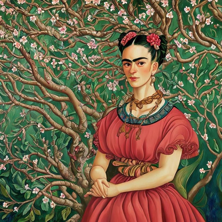 Prompt: Frida Kahlo as Woman in garden, almond blossom luminous trees, intriguing flowers, highly detailed painting, intricate, high quality oil painting , woman Sandro Botticelli style