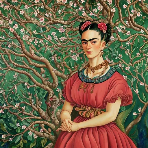 Prompt: Frida Kahlo as Woman in garden, almond blossom luminous trees, intriguing flowers, highly detailed painting, intricate, high quality oil painting , woman Sandro Botticelli style