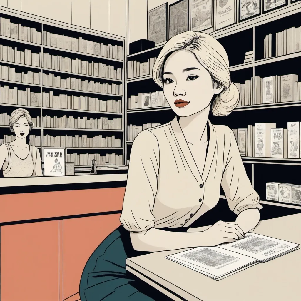 Prompt: minimalist graphic poster of a modern young blonde vietnamese woman sitting behind the counter in a little vintage bookstore. She looks up with pleasant surprise to great a european woman entering the bookshop, solid colors only. one line drawing. art deco and marimekko, final features, illustrative stylization, graphic emphasis, high accent textures, colored line patterns.