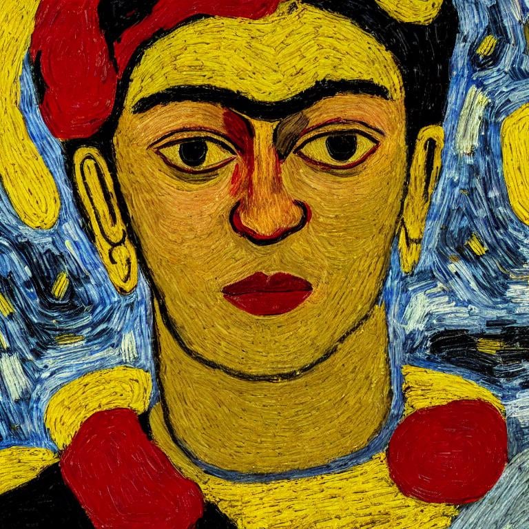 Prompt:  Beautiful Frida Kahlo in red and Black and white and yellow, Style Flora Bowley and Vincent van Gogh, 8k, dynamic lighting, ultra detailed