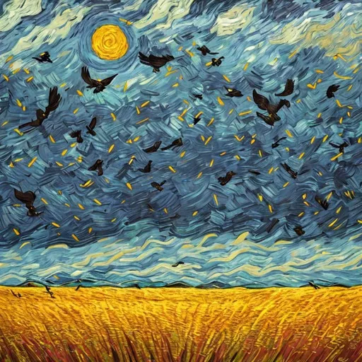 Prompt: Wheatfield with Crows, also titled Wheatfields under threatening skies with crows ,  Style Flora Bowley and Vincent van Gogh,8k, dynamic lighting, ultra detailed 