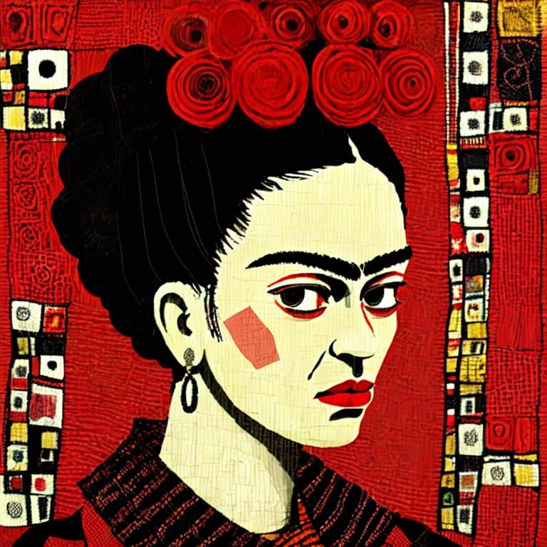 Prompt:  Beautiful Frida Kahlo in red and Black and white and yellow, patchwork by Megan Duncanson and Jennifer Lommers and Didier Lourenço 