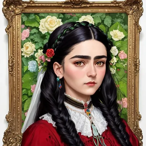 Prompt: Please paint a portrait of a beautiful young long haired Victorian era woman, looks like Friesa Kahlo. English garden backdrop.  Concept art in the style of Yoji Shinkawa, a hyper realistic close-up portrait, 4K symmetrical portrait, in-focus, trending in artstation, cgsociety, 8k post-processing highly detailed, Craig Mullins, Casey Baugh, wlop, Sharandula, Tom Bagshaw, Ross Tran, Artgerm, dramatic, moody lighting, characters 8K symmetrical, artstation, cinematic lighting, intricate details, 8k detail post processing, chiaroscuro --no dof --uplight:1.2), portrait, high detail, realistic, hyperrealistic, premium quality, digital painting, concept art, artistic, portrait