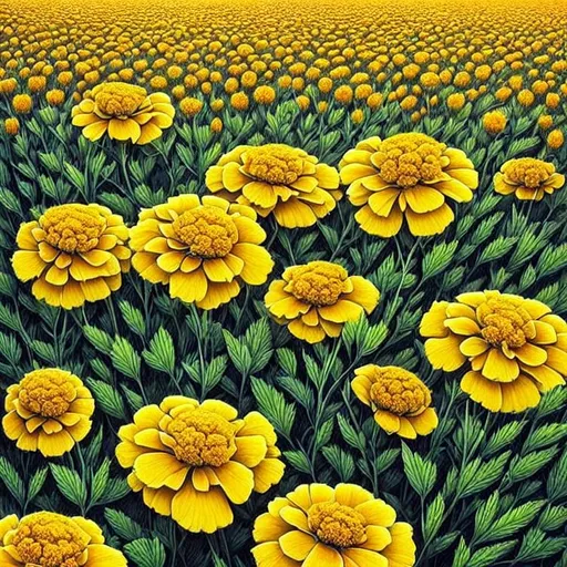 Prompt: Striking Yellow and Gray landscape with Marigold Flowers. extreme details, highly detailed, extremely detailed, beautiful, high detail, ultra detailed, high definition, hdr, acrylic art, intricate details, Jacek Yerka