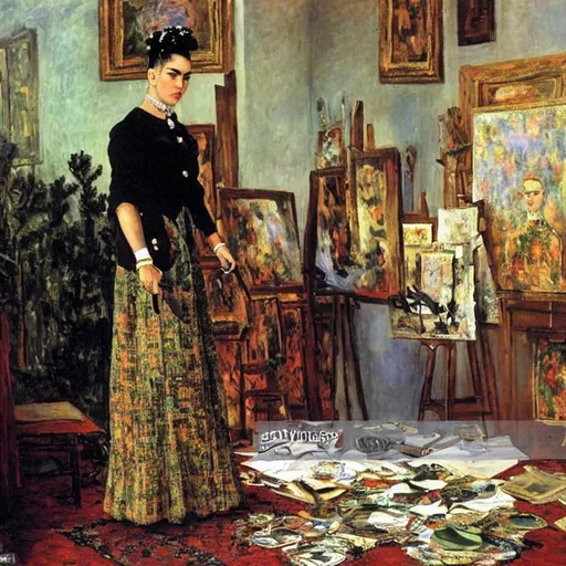 Prompt: a painting by claude monet of a beautiful slender blonde young woman frida kahlo in evening dress in her art studio surrounded by shabby little sketches and small abstract paintings,8k, dynamic lighting, ultra detailed