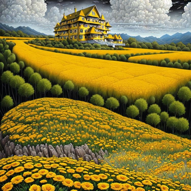 Prompt: Striking Yellow and Gray landscape with Marigold Flowers. extreme details, highly detailed, extremely detailed, beautiful, high detail, ultra detailed, high definition, hdr, acrylic art, intricate details, Jacek Yerka