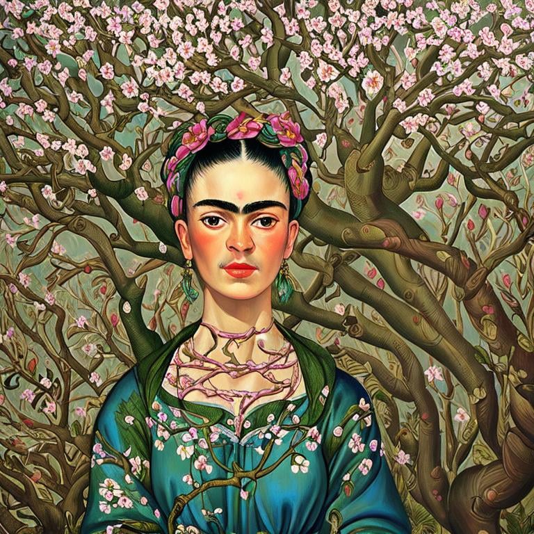 Prompt: Frida Kahlo as Woman in garden, almond blossom luminous trees, intriguing flowers, highly detailed painting, intricate, high quality oil painting , woman Sandro Botticelli style