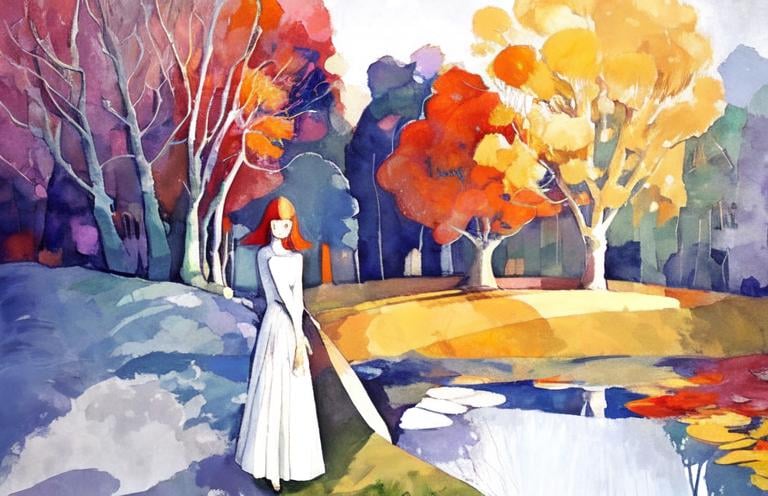 Prompt: Colors of autumn by my house; style of Klee and Dee Nickerson. sharp focus elegant intricate details sensuality poster high definition crisp quality matte background Klee Art Matisse Art balanced composition Dee Nickerson (giclée) complex hyper-detailed