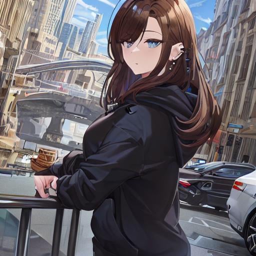 Prompt: SamDoesArt, a girl, brown hair, blue eyes, black hoodie, piercing, tattoos, day, sunny, cars, city, HDRI, masterpiece, smooth, sharp focus, illustration, golden ratio, 