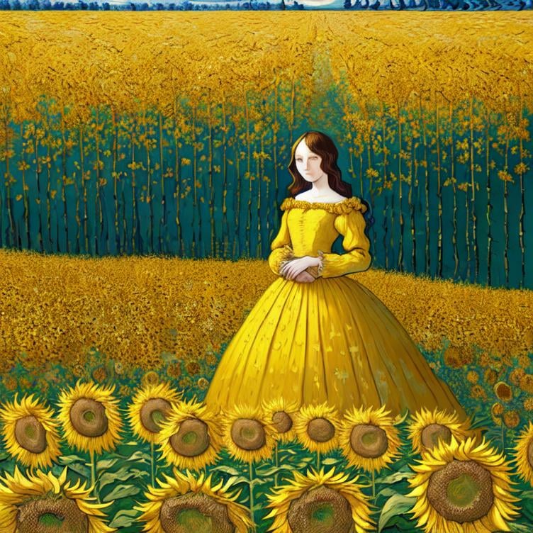 Prompt: oil painting by Vincent Van Gogh, dramatic intense textural brushstrokes, portrait of a beautiful woman standing in a field of Sunflowers and  almond blossom luminous trees, intriguing flowers, highly detailed painting, intricate, high quality oil painting , woman Sandro Botticelli style and patchwork by Megan Duncanson and Jennifer Lommers and Didier Lourenço 