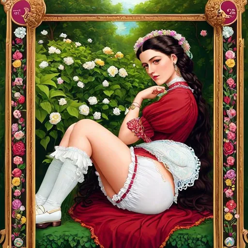 Prompt: portrait of a beautiful young long haired Victorian era woman, looks like Friesa Kahlo. English garden backdrop. Art Deco Fine Art illustration of ((Blake Lively)) as a stunning young and attractive #diaper-girl# Woman, ((wearing an adult diaper)) that is (designed to resemble a Pampers baby diaper). She loves wearing diapers, is an ABDL. The diaper should have a similar shape and design, with a white absorbent core, colored waistband, and cartoon characters or other playful graphics, adult diaper features include its high absorbency, softness, and comfort. The overall tone should be playful and lighthearted, with the goal of appealing to adults who want a diaper that is both functional and fun, trending on artstation., Artgerm, dramatic, moody lighting, characters 8K symmetrical, artstation, cinematic lighting, intricate details, 8k detail post processing, chiaroscuro --no dof --uplight:1.2), portrait, high detail, realistic, hyperrealistic, premium quality, digital painting, concept art, artistic, portrait