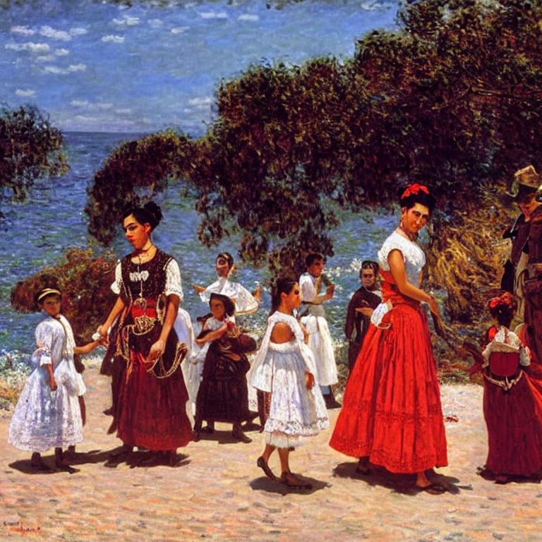 Prompt: a painting by claude monet of a beautiful slender blonde young woman frida kahlo in evening dress on the beach,surrounded by childeren,8k, dynamic lighting, ultra detailed