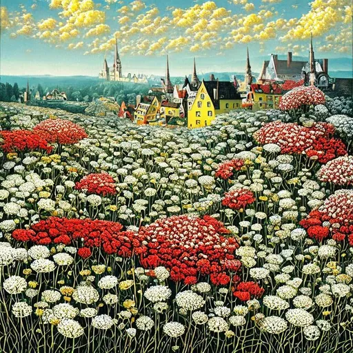 Prompt: Queen Anne’s Lace, red and white and black and yellow landscape. Detailed buildings with gray roofs. No floating flowers in the sky. No buildings on top of flowers in the sky. Unsigned, no signature, beautiful, high definition, acrylic art, incritate details, Jacek Yerka