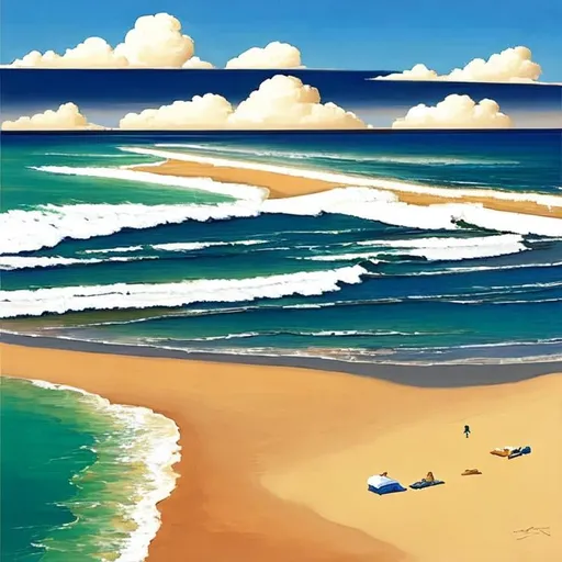 Prompt:  beach landscape, boys and girls Style: Jack Vettriano, catherine abel, beautiful crisp colors 