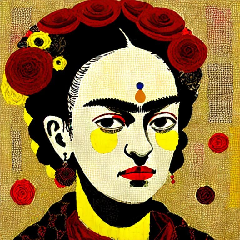 Prompt:  Beautiful Frida Kahlo in red and Black and white and yellow, patchwork by Megan Duncanson and Jennifer Lommers and Didier Lourenço 