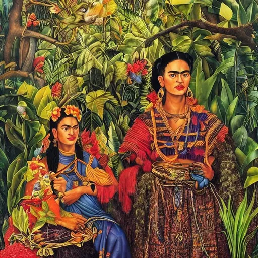 Prompt: portrait of frida kahlo, bali jungle background, detailed painting, epic lighting, bycatharine abel,enki bilal, Anton Pieck and Crivelli Carlo