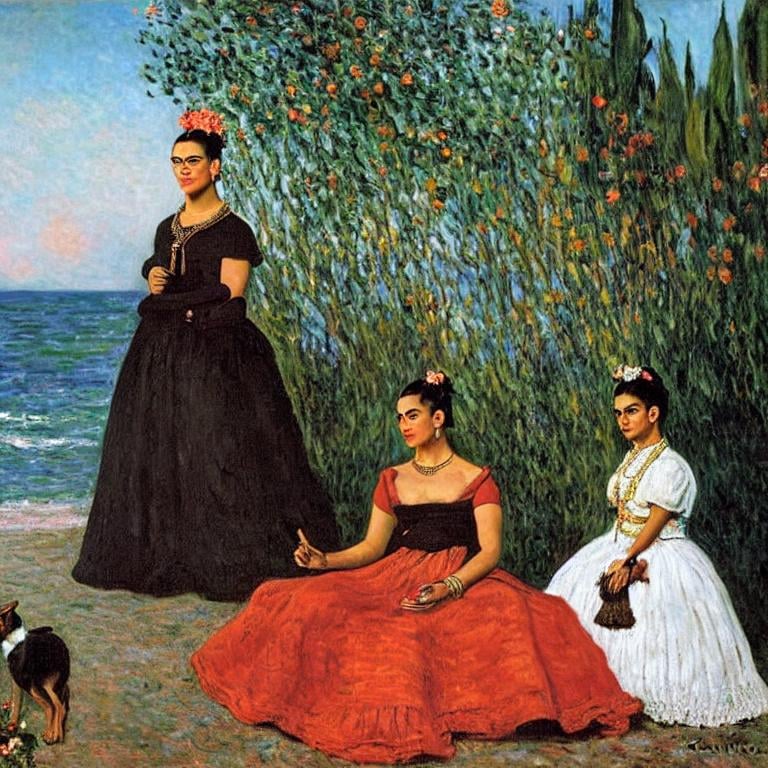 Prompt: a painting by claude monet of a beautiful slender blonde young woman frida kahlo in evening dress on the beach,surrounded by childeren,8k, dynamic lighting, ultra detailed