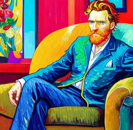 Prompt: Man sitting on the sofa, Style Flora Bowley and Vincent van Gogh,8k, dynamic lighting, ultra detailed