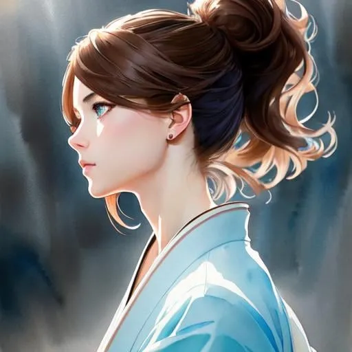 Prompt: watercolor painting, insanely detailed, dynamic pose, chiaroscuro, dim lighting, water, Splash art, HDR, Masterpiece, Cute determined girl with brown hair, (light blue eyes), ponytail,  Hanfu, Japanese inspired, intricate, detailed face, by Ilya Kuvshinov and Alphonse Mucha, dark, muted colors, dynamic pose, elegant, delicate, hair ornament, sea, ocean, dynamic pose, small chest, dark, grey, grey color, prisoner, depressing, gloomy, sad, trauma, bad, escape, PTSD inducing, claustrophobia, stone walls,