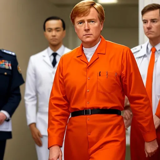 Prompt: King willem alexander in prison wearing orange scrubs prison uniform 