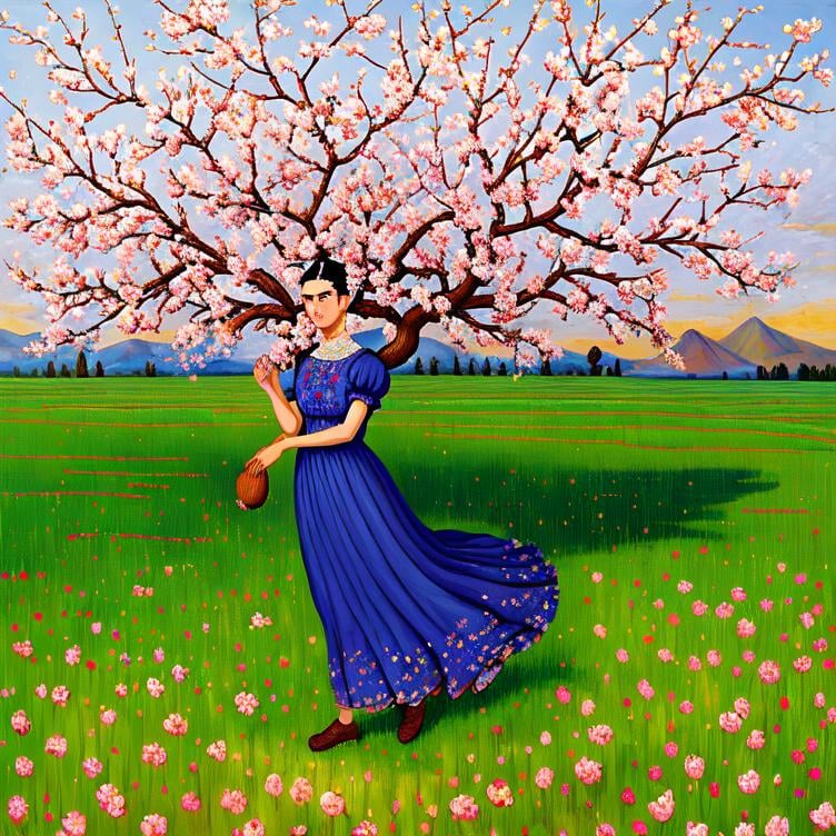 Prompt:  Beautiful Frida Kahlo as Woman in Fields, almond blossom luminous trees, intriguing flowers, highly detailed painting, intricate, high quality oil painting , woman Sandro Botticelli style and patchwork by Megan Duncanson and Jennifer Lommers and Didier Lourenço 