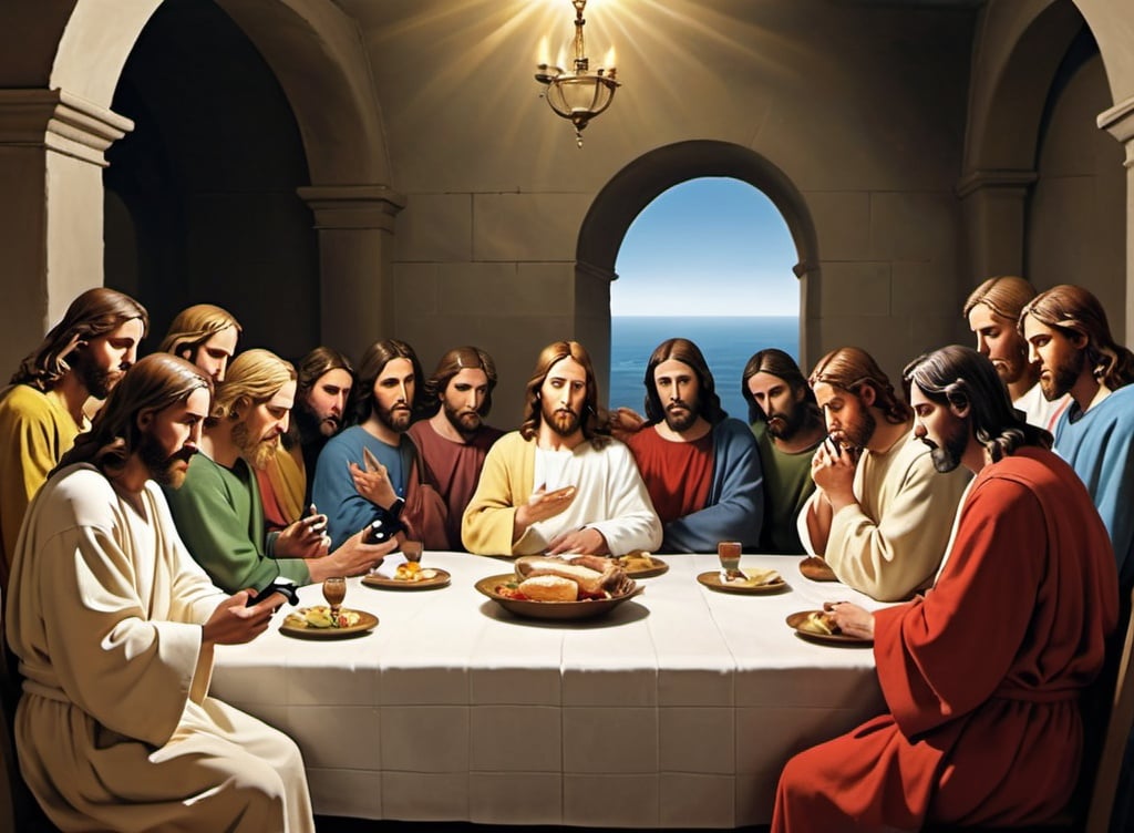 Prompt: Holy Nonsense --- The holy scene, Jesus is sitting at a table with his twelve (12) apostles for his last meal, he speaks in deep and wise words, but the twelve apostles are all distracted looking at their cell phones, Christianity and digitalisation, absurdity of the wise philosopher confronted with the hedonistic narcissism of a civilization that only believes in the connected gadget  
