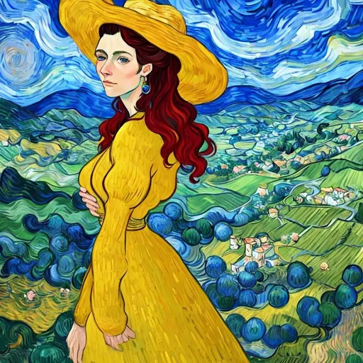 Prompt: Beautiful italian lady in an beautiful landscape of Umbrië, Style Flora Bowley and Vincent van Gogh,8k, dynamic lighting, ultra detailed