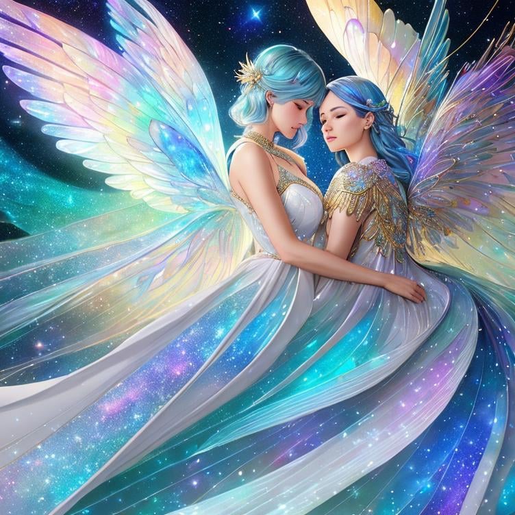 Prompt: Gorgeous angel and mother-of-pearl colored wings made out of luminous stars and galaxy at night, hyperdetailed and highly intricate digital illustration by Ismail Inceoglu, Erin Hanson, Hayao Miyazaki and Yoshitaka Amano, a masterpiece, 8k resolution, trending on artstation, Ray Tracing Reflections, volumetric lighting, deep colors, unreal engine