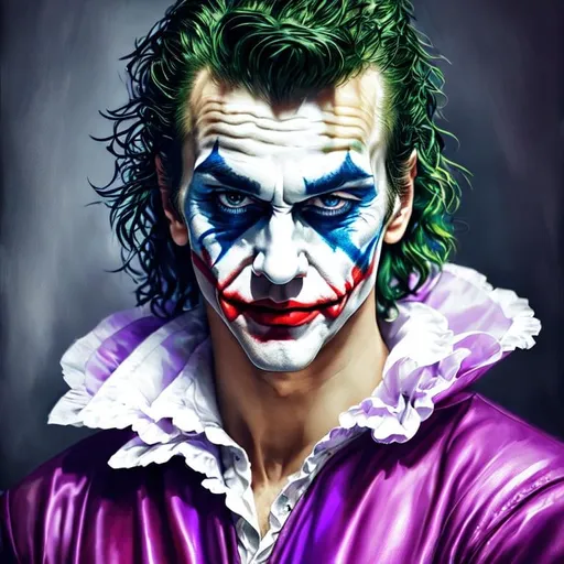 Prompt: fantasy, medieval, joker, UHD, 8k, high quality, ultra quality, perfect composition, trending art, trending on artstation, sharp focus, studio photo, intricate details, cinematic lighting, special effects, hyper realism, hyper realistic, Very detailed, high detailed face, high detailed eyes, oil painting, full body, full view