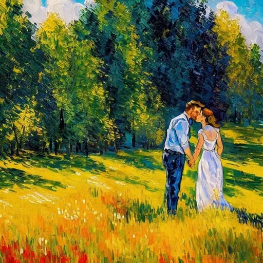 Prompt: Woman kissing Man in landscape of the countryside, Style Flora Bowley and Vincent van Gogh,8k, 
 dynamic lighting, ultra detailed