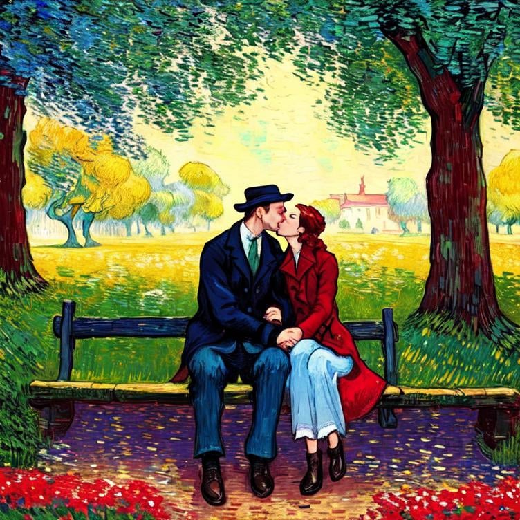 Prompt: Woman kissing Man sitting on an bank in the park, Style Flora Bowley and Vincent van Gogh,8k and Enki Bilal and Anton Pieck, dynamic lighting, ultra detailed