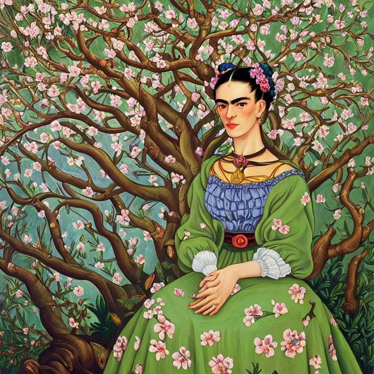 Prompt: Frida Kahlo as Woman in garden, almond blossom luminous trees, intriguing flowers, highly detailed painting, intricate, high quality oil painting , woman Sandro Botticelli style