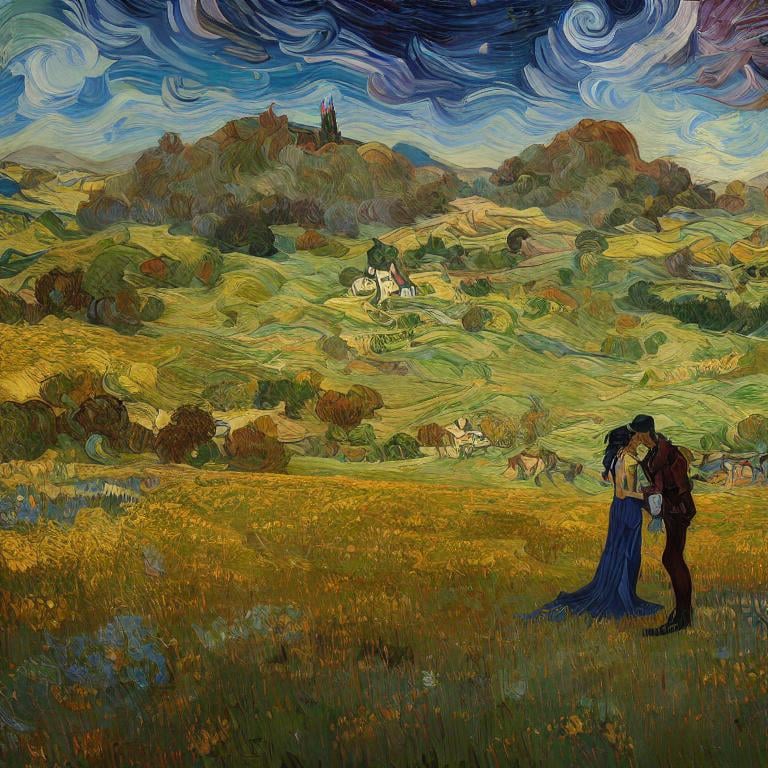 Prompt: Woman kissing Man in landscape of the countryside, Style Flora Bowley and Vincent van Gogh,8k, 
 dynamic lighting, ultra detailed