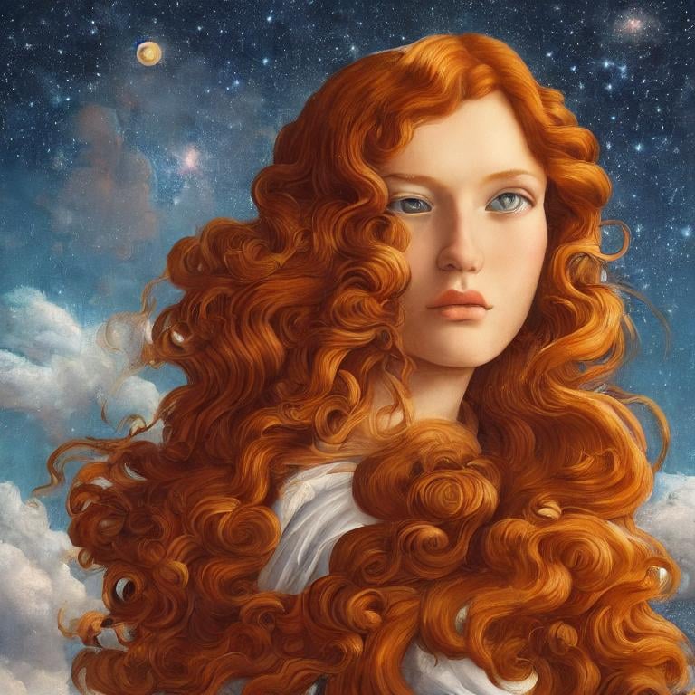 Prompt:  Oil painting by Botticelli portrait of a beautiful woman with curly auburn hair observing star dust and clouds in the milky-way, stunning image, epic fantasy image, award-winning cgi, artstation, blender 