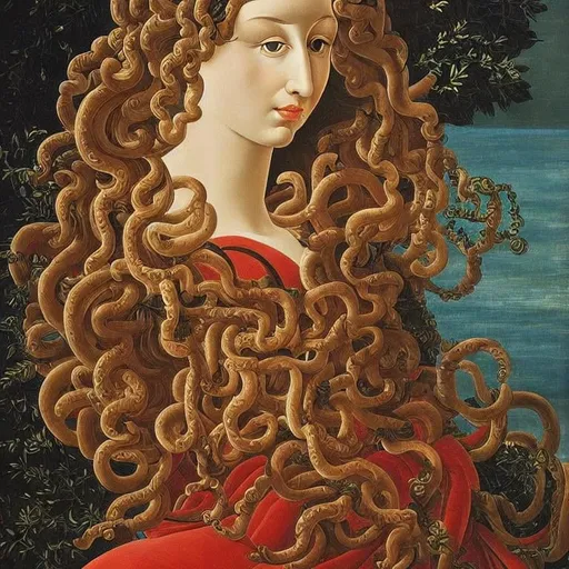 Prompt: Medusa on a chair , highly detailed painting, intricate, high quality oil painting , woman Sandro Botticelli style 
